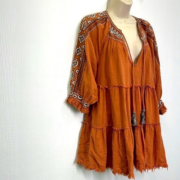 Free People - Dream Weaver Boho Frayed Terracotta 3/4 Sleeve Pocket Blouse Small - Picture 4 of 15